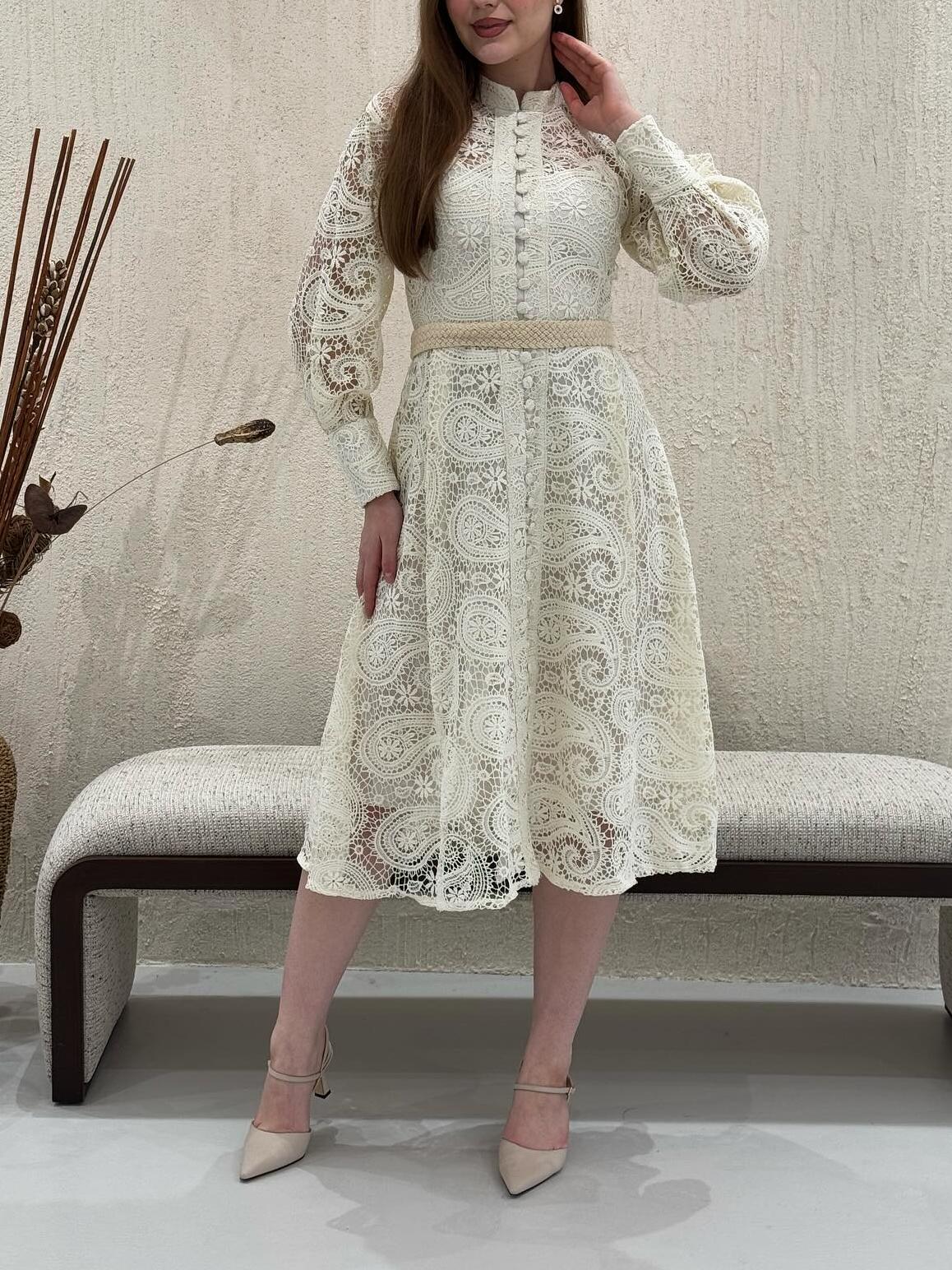 Lace Lantern Sleeves Button Midi Dress