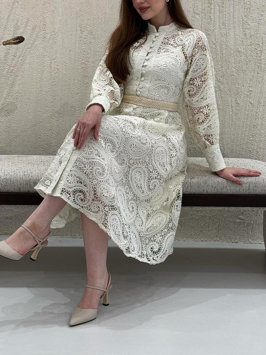 Lace Lantern Sleeves Button Midi Dress