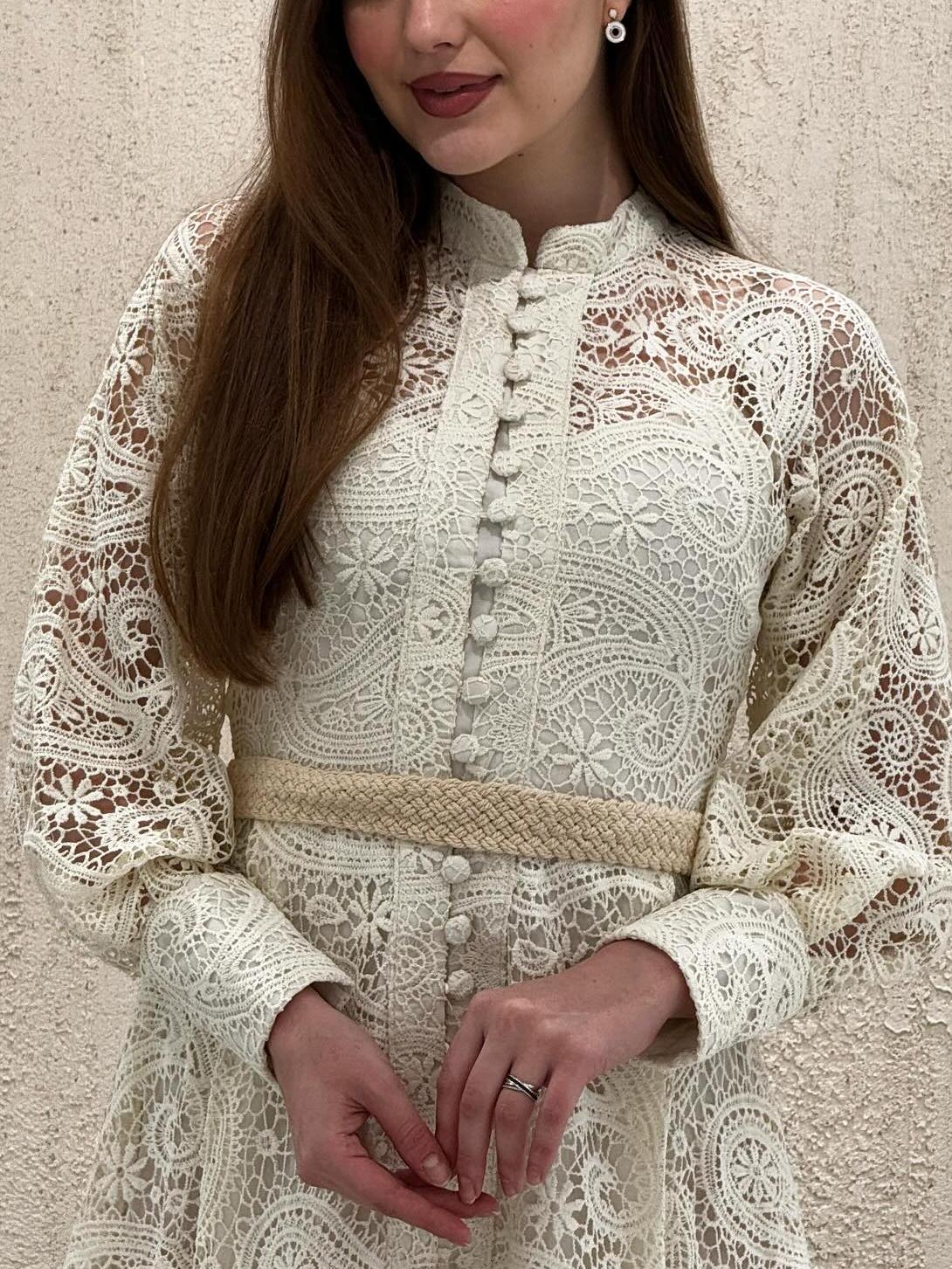 Lace Lantern Sleeves Button Midi Dress