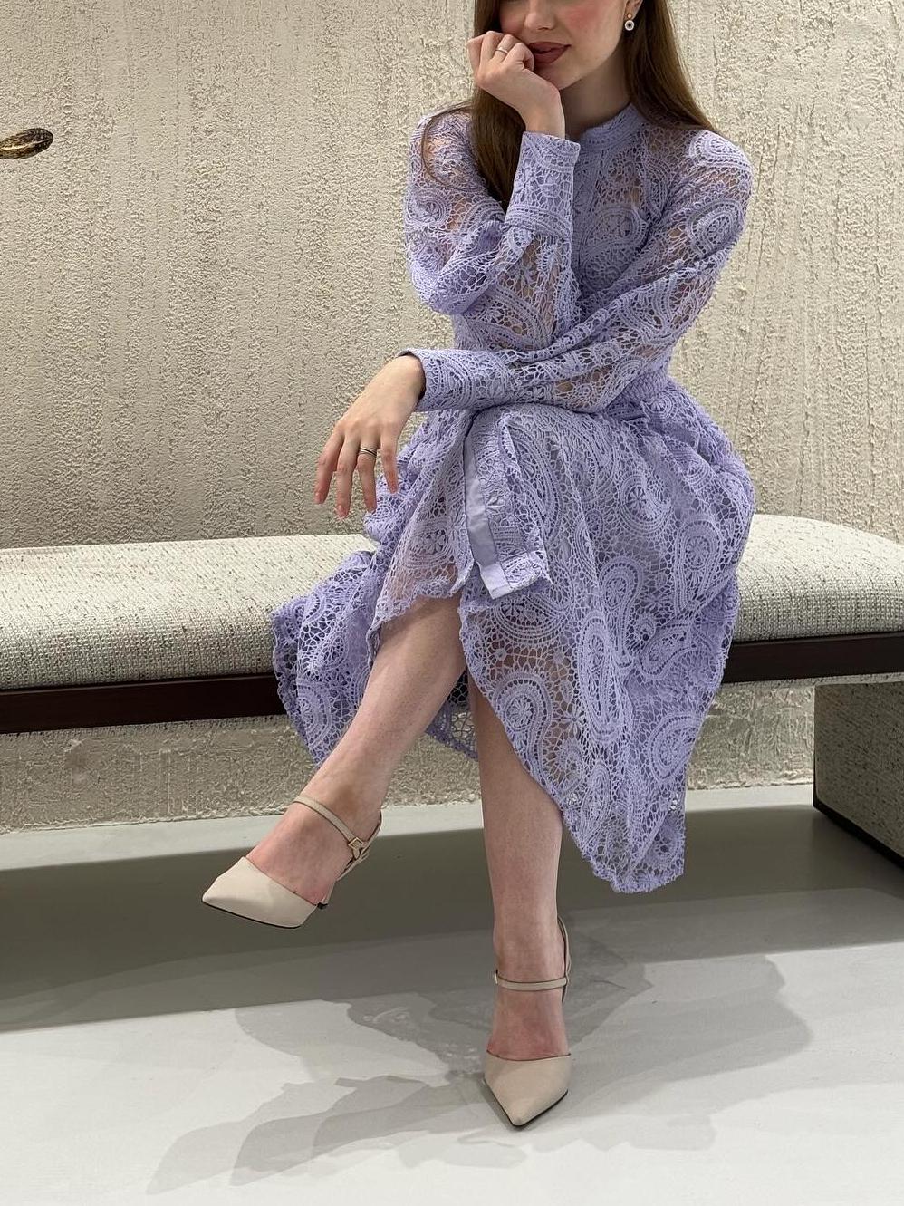 Lace Lantern Sleeves Button Midi Dress