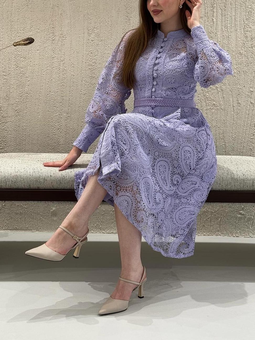Lace Lantern Sleeves Button Midi Dress