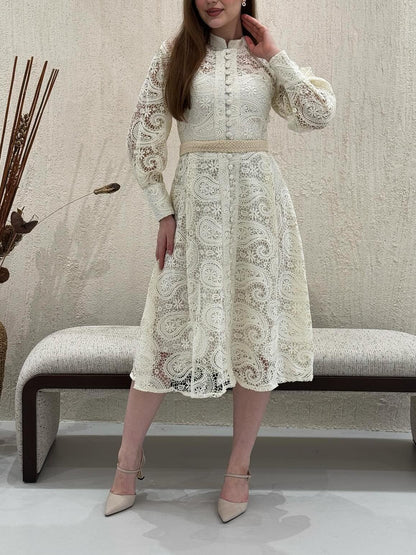 Lace Lantern Sleeves Button Midi Dress