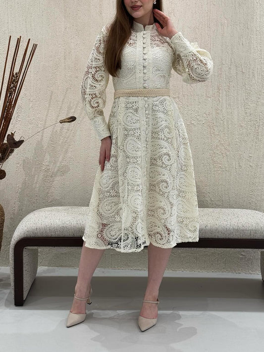 Lace Lantern Sleeves Button Midi Dress