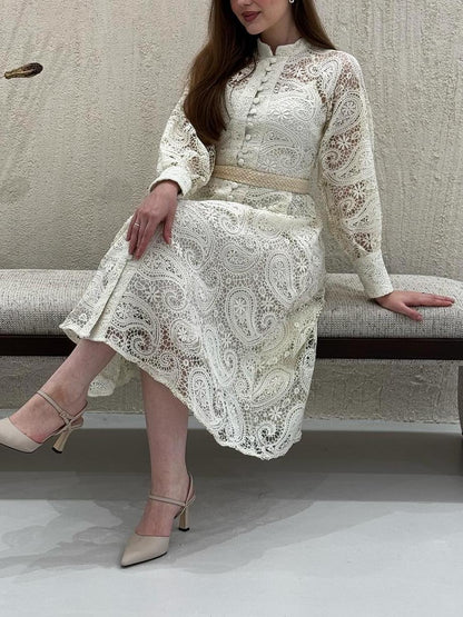 Lace Lantern Sleeves Button Midi Dress