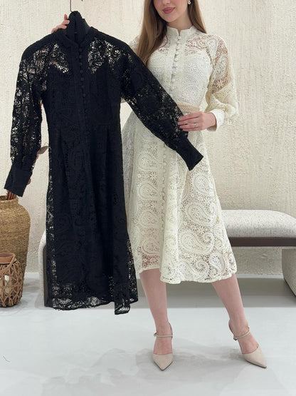 Lace Lantern Sleeves Button Midi Dress
