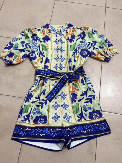 Puff Sleeve Vintage Printed Romper