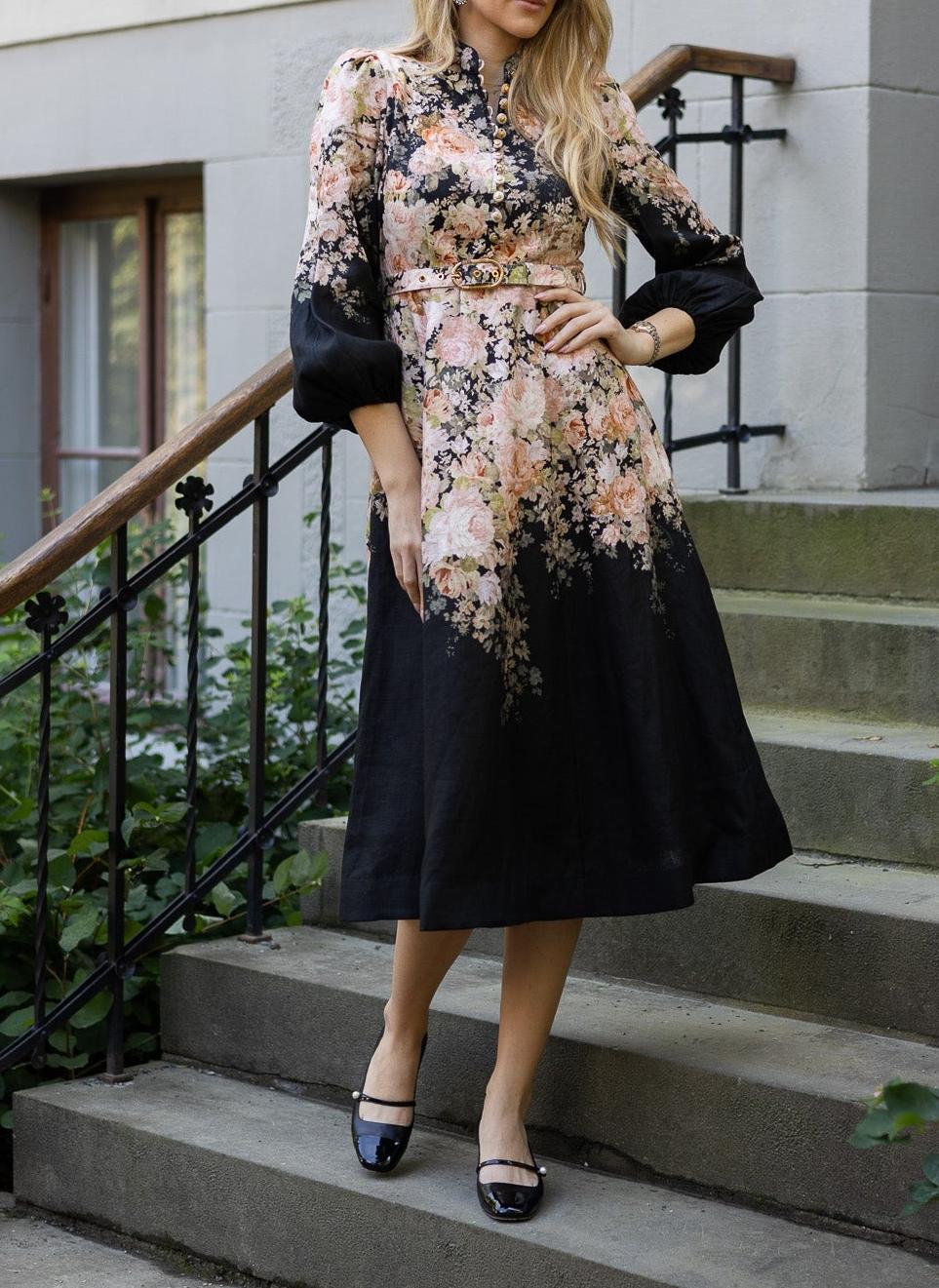 Black Rococo Floral Midi Dress