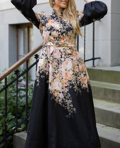 Black Rococo Floral Midi Dress