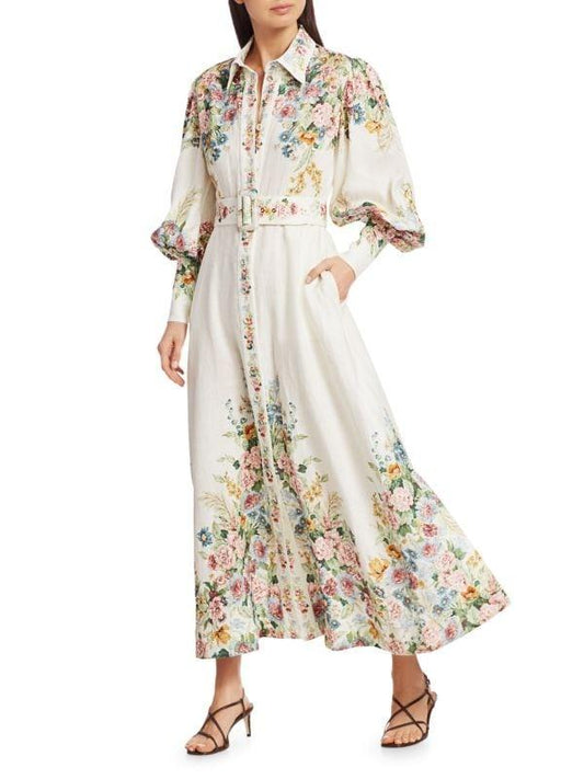 Floral Puff-Sleeve Maxi Shirtdress