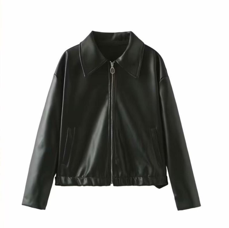 Solid Square Collar Leather Jacket