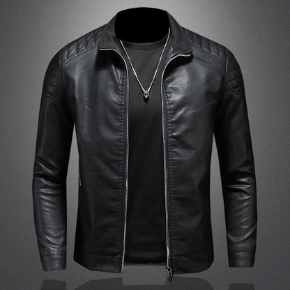 Standing collar leather jacket