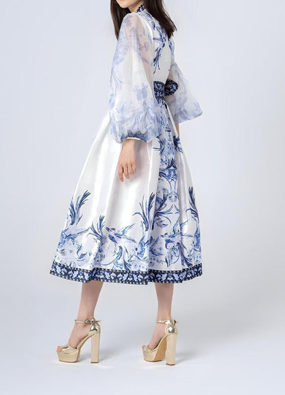 Floral PatternTulle Sleeves Midi Dress