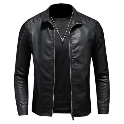 Standing collar leather jacket