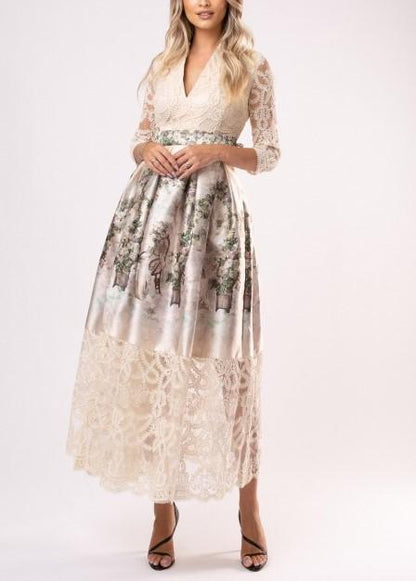 Beige Taffeta Lace Midi Dress