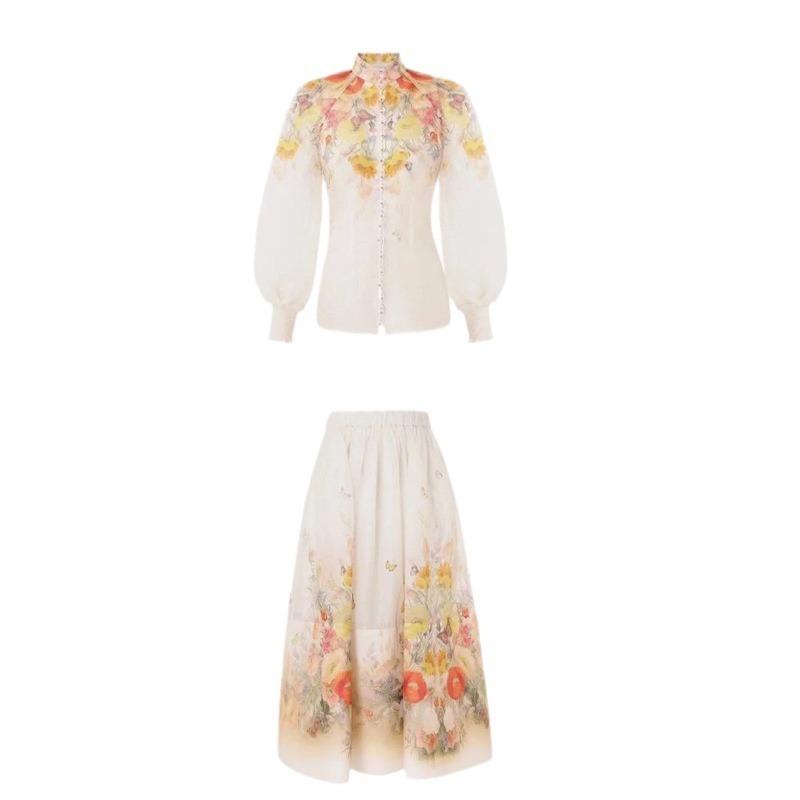 Butterfly Floral Print Shirt&MidI Skirt Sets