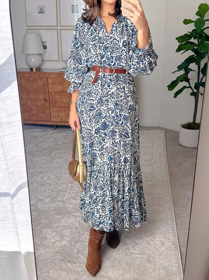 Printed Ruffled Long Sleeve Maxi Dress