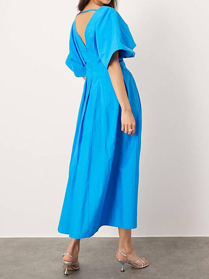 V Neck Pleated Short Sleeve Midi Dress