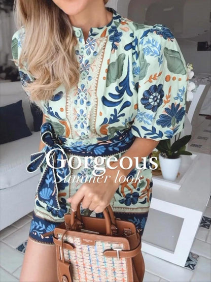 Puff Sleeve Vintage Printed Romper