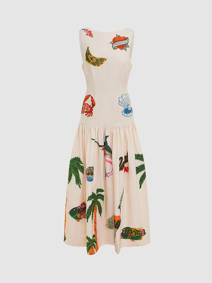 Embroidered Printed Sleeveless Drop Waist Dress