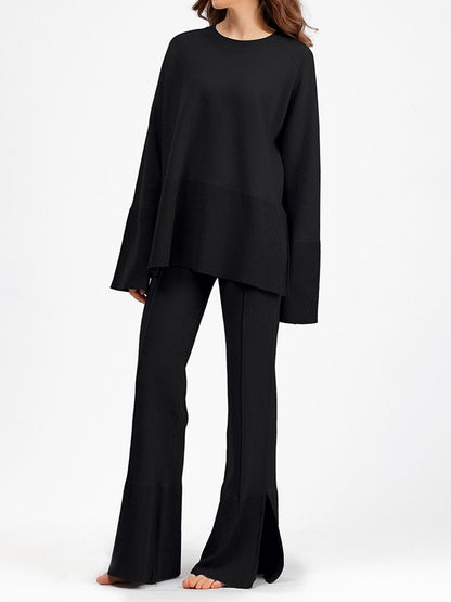 Fashion Trumpet Sleeve Round Neck Slit Loose Knitted Suit