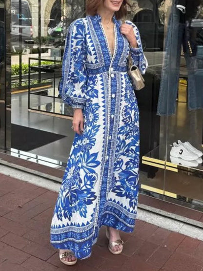 Printed V Neck Maxi Dress