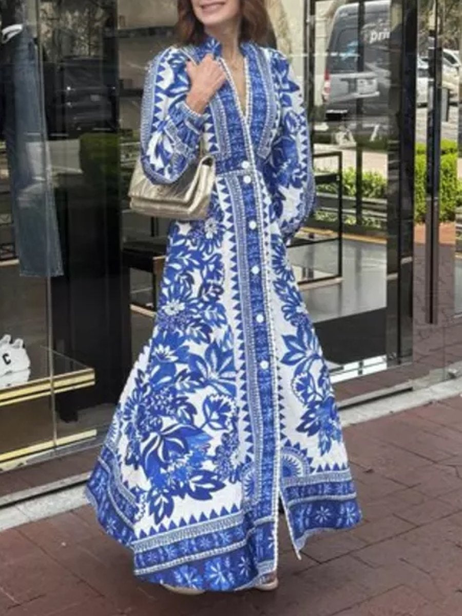 Printed V Neck Maxi Dress