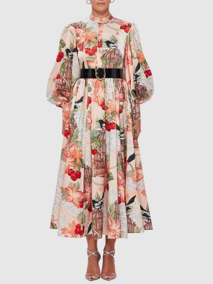 Bird Print Lantern Sleeve Dress